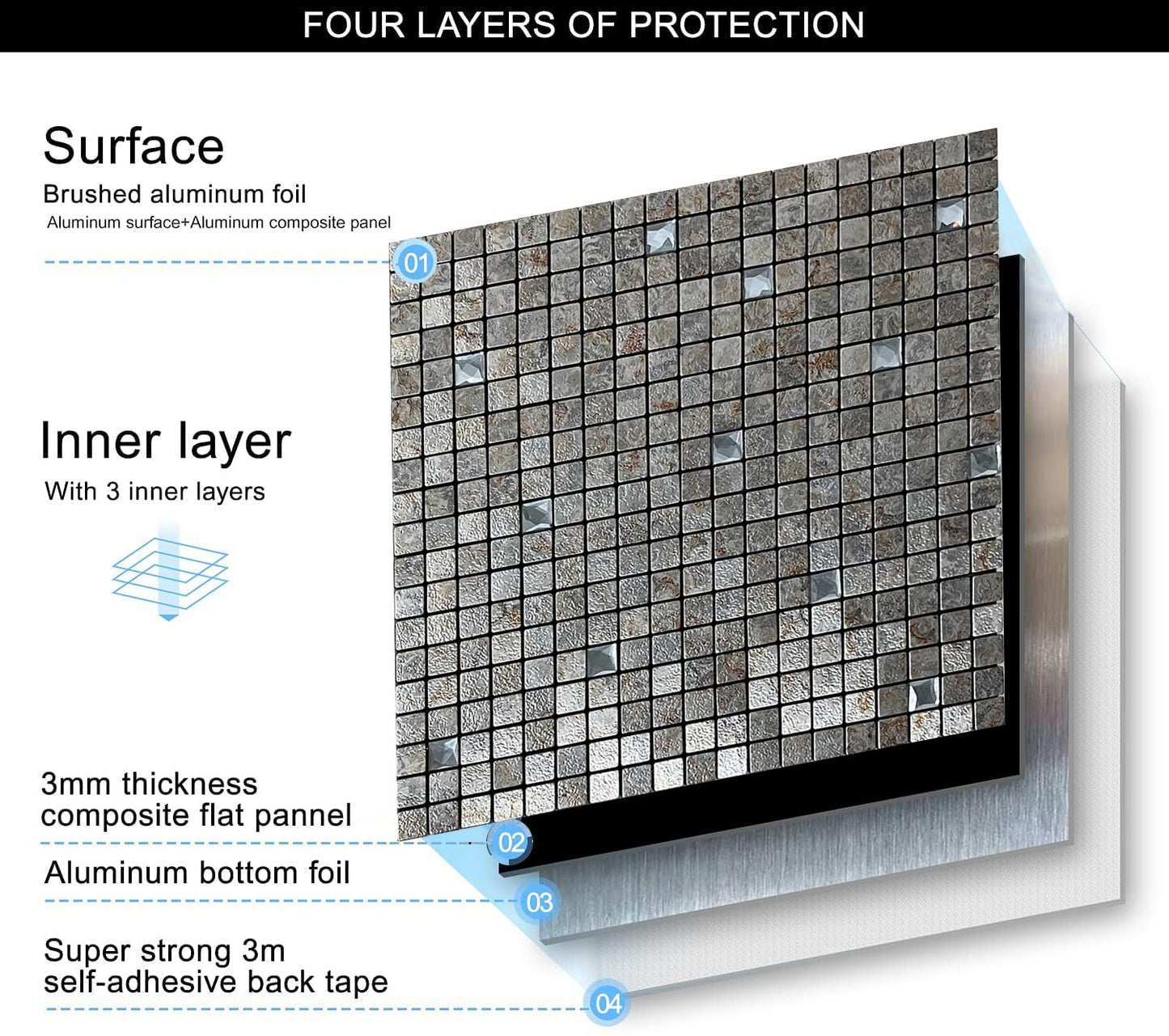 XUANINY Peel and Stick Backsplash Tiles for Kitchen,Bathroom,Fireplace,Self Adhesive Metal Aluminum Mosaic (12"x12") (10, Printed Silver Grey)