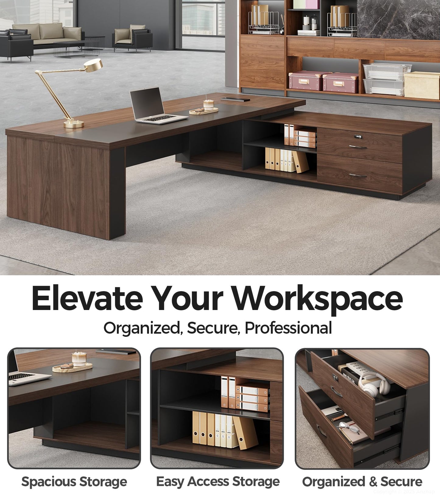 95" Reversible L-Shaped Executive Desk with Drawers – Luxury Office Computer Desk with Open Shelves, LED Lighting, Built-in Outlet & USB Ports for Home Office, Corporate, School (95"W x 71"D x 30"H)