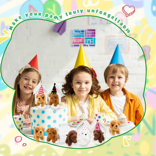 Norcoin 16 Set Mini Plush Dog Set Include Stuffed Puppy Dog House Paper Boxes Hat Stuffed Animal Toy for Adopt a Pet Theme Birthday Party Favor Gifts