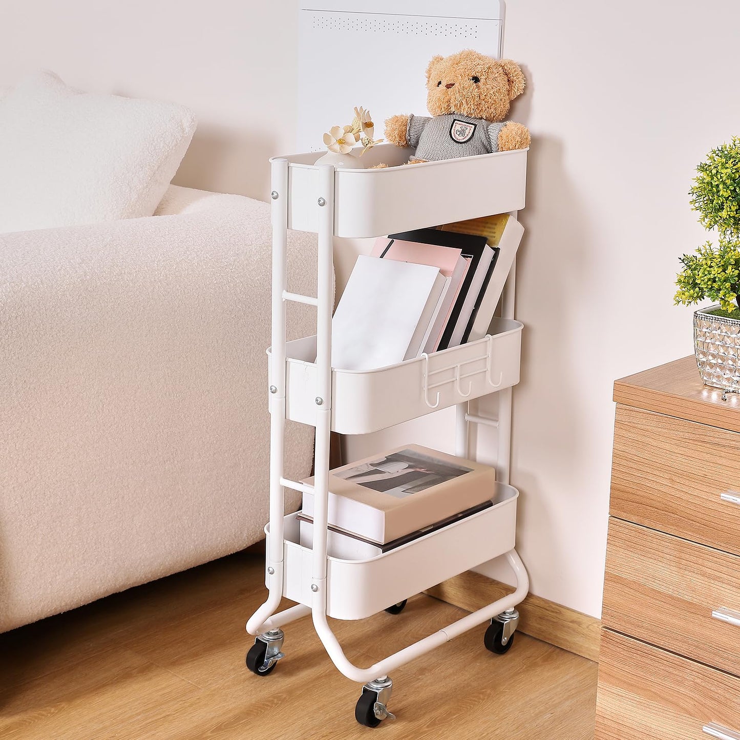 MAX Houser Slim 3-Tier Rolling Utility Cart, Narrow Metal Bathroom Storage Multifunctional Organizer Carts with Wheels with Extra Hook, Laundry Room,Kitchen,Small Space(White)