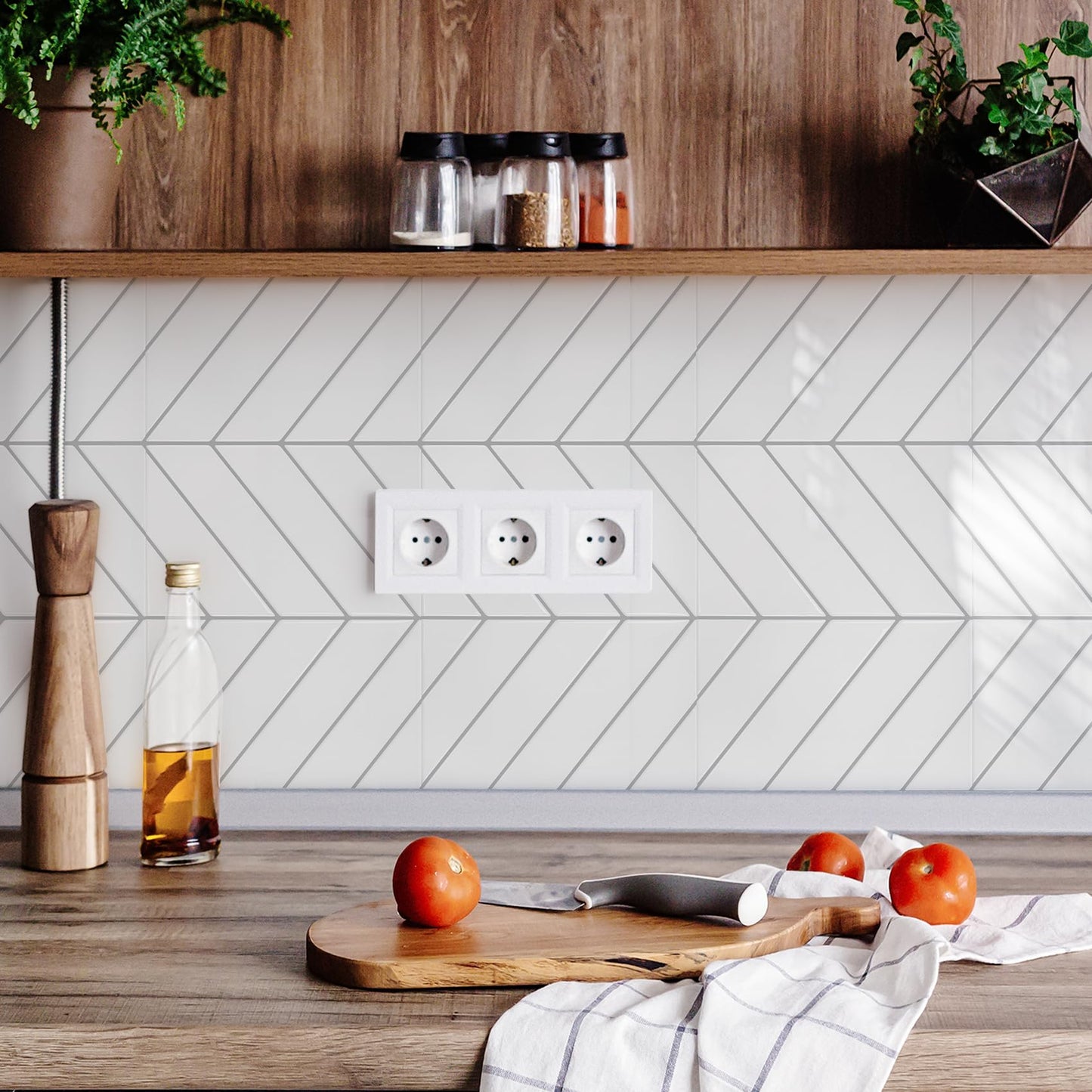 STICKGOO 10 Sheets Thicker Herringbone Peel and Stick Backsplash, 12.6”×9.7” Stick on Wall Tiles, Self Adhesive Tile Sticker for Kitchen Backsplash and Bathroom, White with Grey Grout