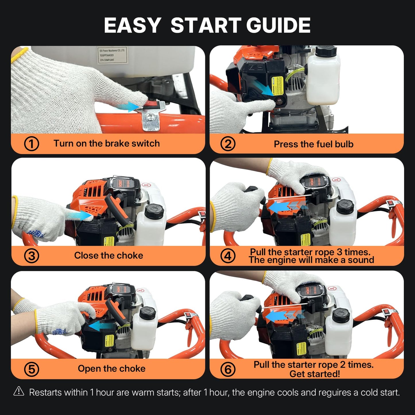 WORKIT 52CC Post Hole Digger, Auger Post Hole Digger Easy Start, 2-Cycle Xtreme Engine, Gas Powered Earth Auger with 6"+10" Auger Drill Bit, 10"+20"+30" Extension Rods, EPA Certification