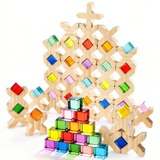 Woodtoe Wooden Building Blocks for Kids, 48 PCS Rainbow Acrylic Gem Cubes Blocks - 32 Wooden Blocks, Montessori Stacking Toy for Toddlers, Educational STEM Learning Sensory Toy Gifts for Boy Girl 3-6