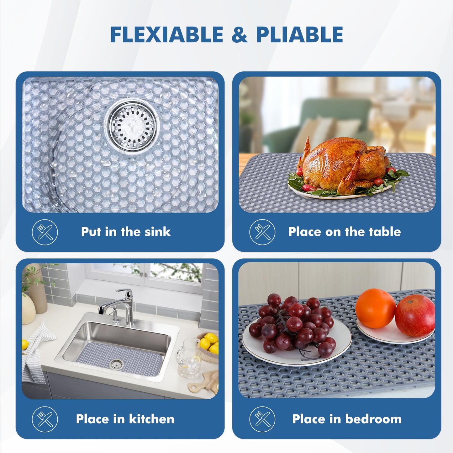 Bestjing Silicone Sink Mat - Protectors for Kitchen Sink with Center Drain, 26"x 14" Kitchen Grid Accessory, Non-Slip Heat-Resistant Mat for Bottom of Farmhouse Porcelain Stainless Steel (Center Hole)
