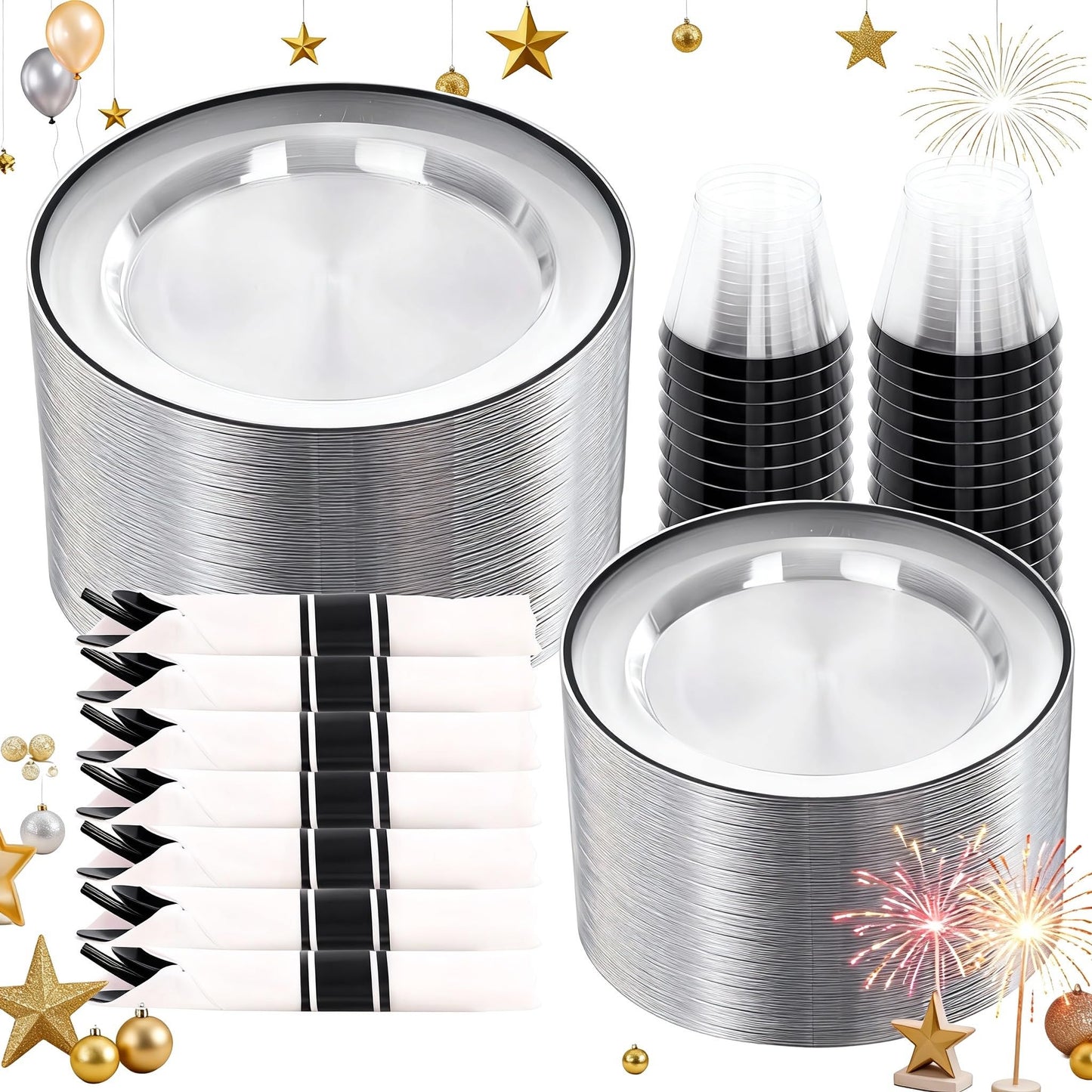 SUT 350 Pcs Black and Clear Plastic Dinnerware Set for 50 Guests, Include: 50 Dinner Plates, 50 Dessert Plates, 50 Pre Rolled Napkins With Silverware, 50 Cups, Disposable Plates for Party