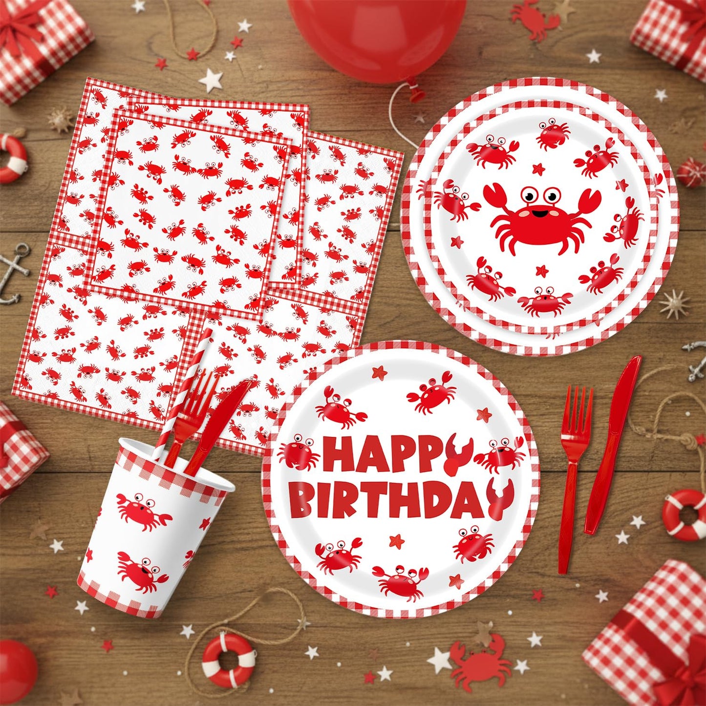 140Pcs Crab Birthday Party Decorations for 20 Guests Tableware Supplies Picnic BBQ Crabs Seafood Boil Party Plates and Napkins Forks Cups Knives Straws for Kids Baby Shower Birthday Party Decorations