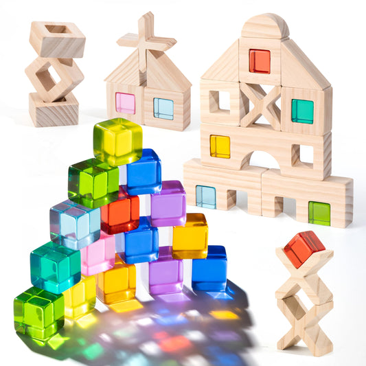 Woodtoe Wooden Rainbow Building Blocks Set for Toddlers, 22 PCS Wooden Blocks & 25 PCS Gem Cubes Stacking Blocks, Montessori Stacking Toys, Educational STEM Birthday Toys Gifts for Kid Boy Girl 3-6