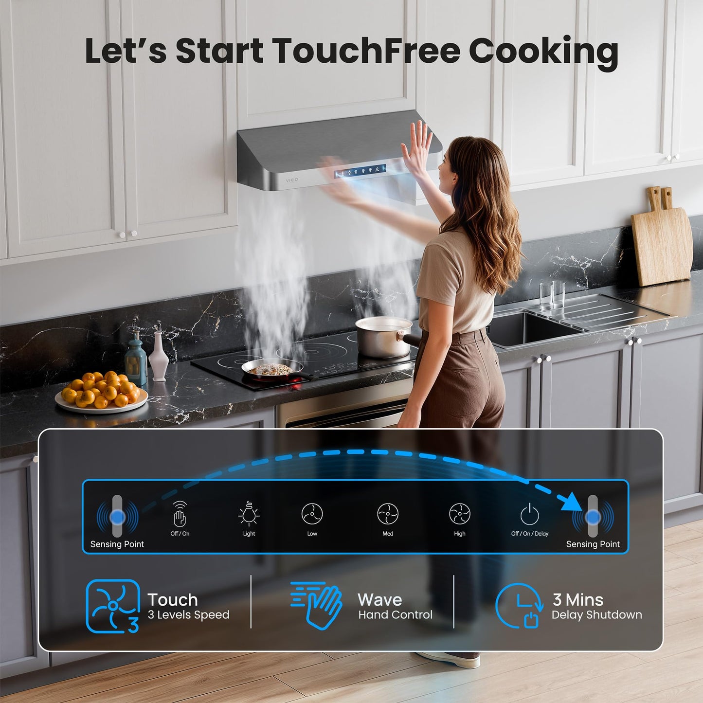 VIKIO HOME Range Hood 36 Inch Under Cabinet, Kitchen Hood with 980 CFM, 3-Speed Gesture Sensing & Touch Control Panel, Stainless Steel Vent 3 Pcs Baffle Filters with Handlebar, Ducted, LED light