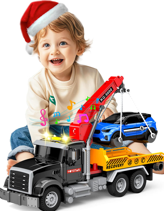 Noaln Kids Toys for 3 4 5 6 7 Years Old Boys, 15" Large Tow Truck Toy, Friction Powered Transport Toy Trucks with Lights and Sounds, Birthday Gifts for Boys & Girls with Racing Car