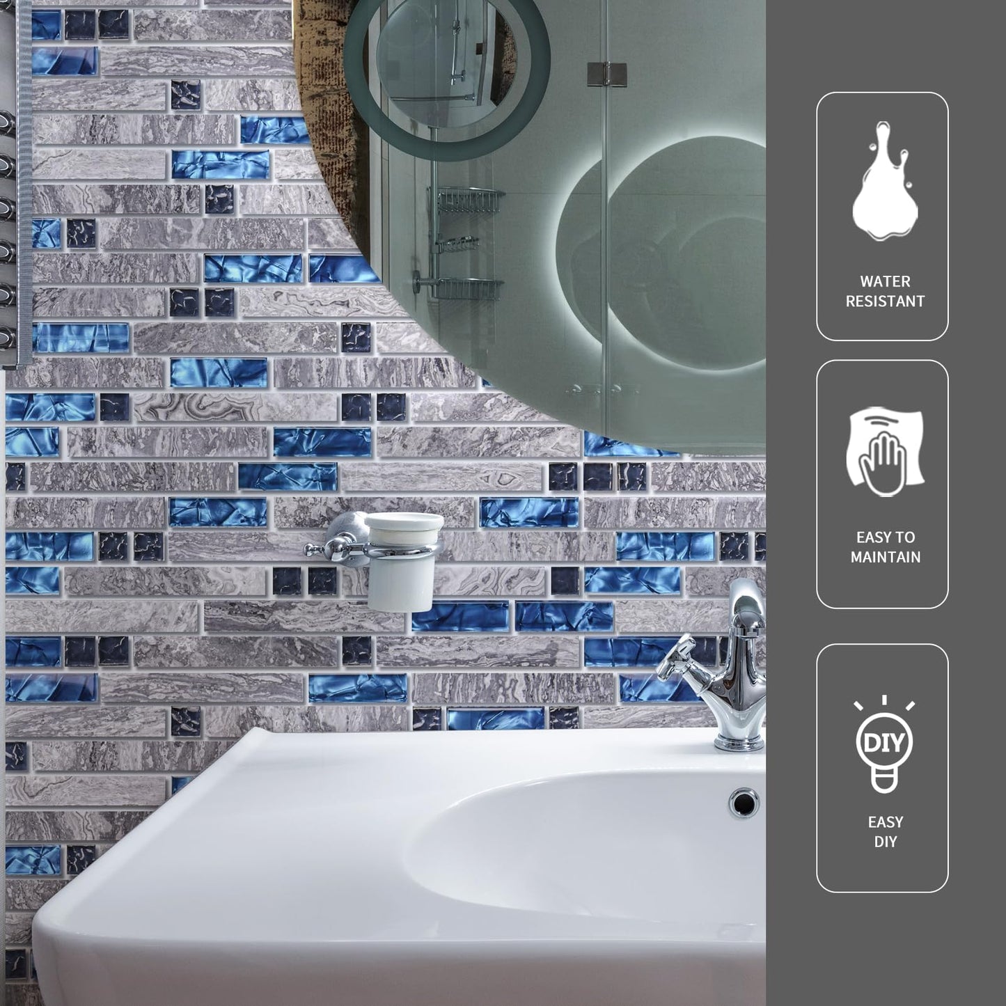 Art3d Grout Decorative Tile, Blue/Gray, Glass, for Kitchen Backsplash or Bathroom Backsplash (5 Pack)