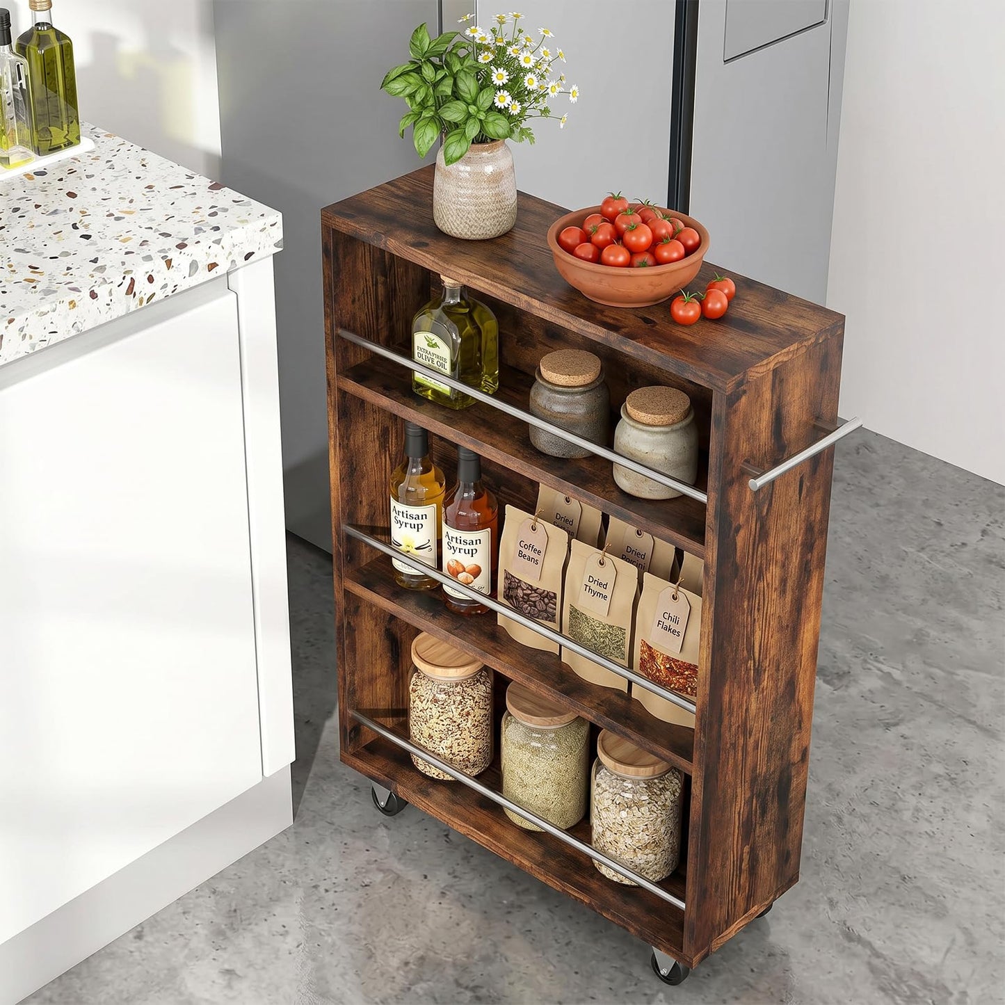 ALBAD Slim Rolling Cart,4-Tier Storage Cart with Wheels,7.9”W Slim Storage Carts with Handle for Kitchen Laundry Narrow Places Bathroom Dining Room Small Spaces