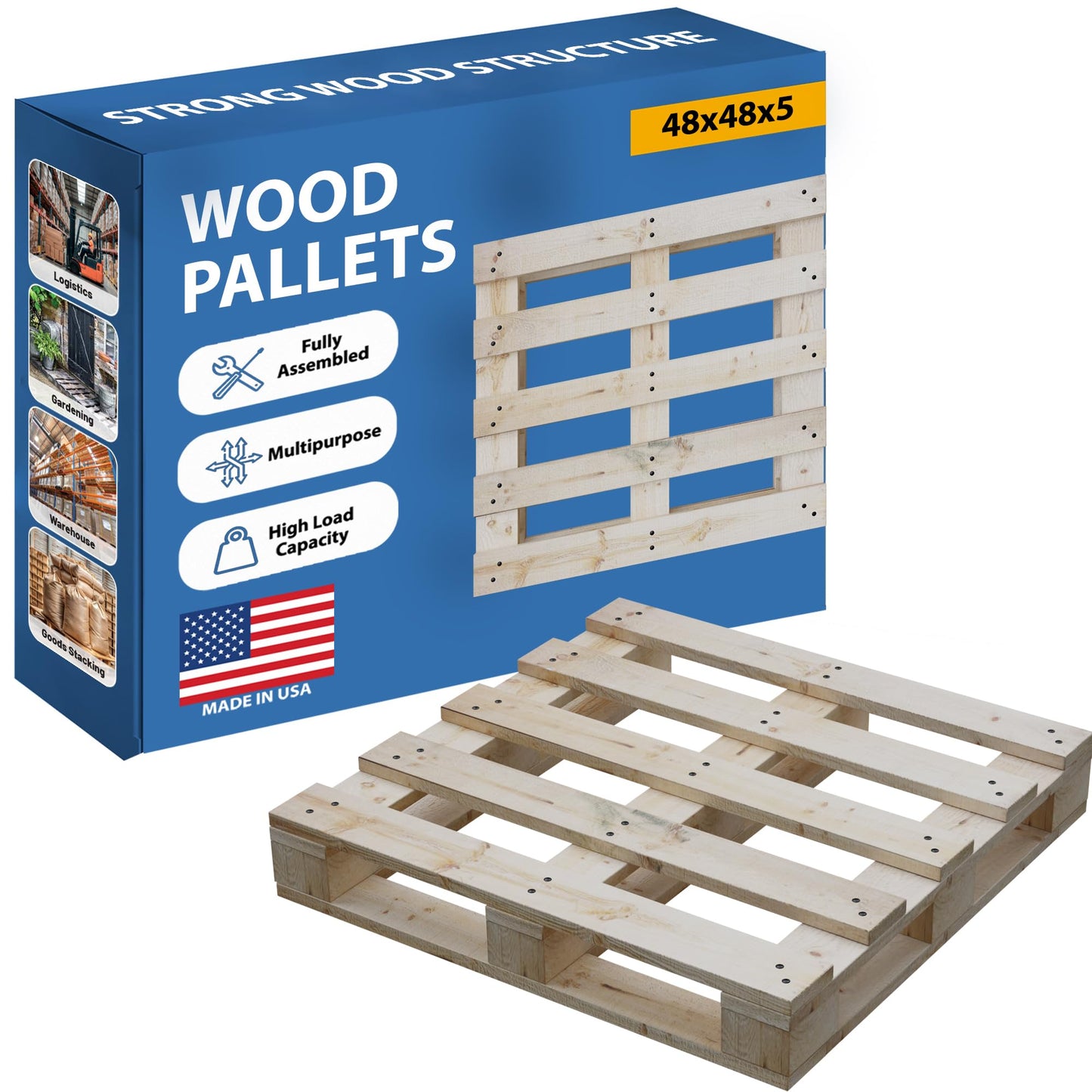 Greaton, Heavy-Duty 4-Way Entry Wooden Pallet – 48x48x5”, Industrial-Grade Hardwood Shipping Pallet, Durable, Reusable, Stackable, Easy to Handle, Commercial Use as a Floor-Pallet, 2 Pack