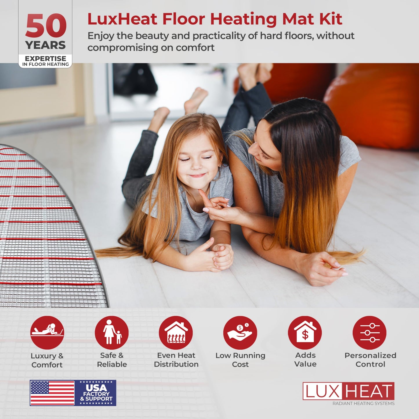 LuxHeat 150sqft Floor Heating Mat Kit - 120v Under Tile Floor Heater Kit for Vinyl - Easy to Install Infloor Heat System - Includes UWG5 WiFi Programmable Thermostat w/GFCI, Alarm & Flooring Sensor