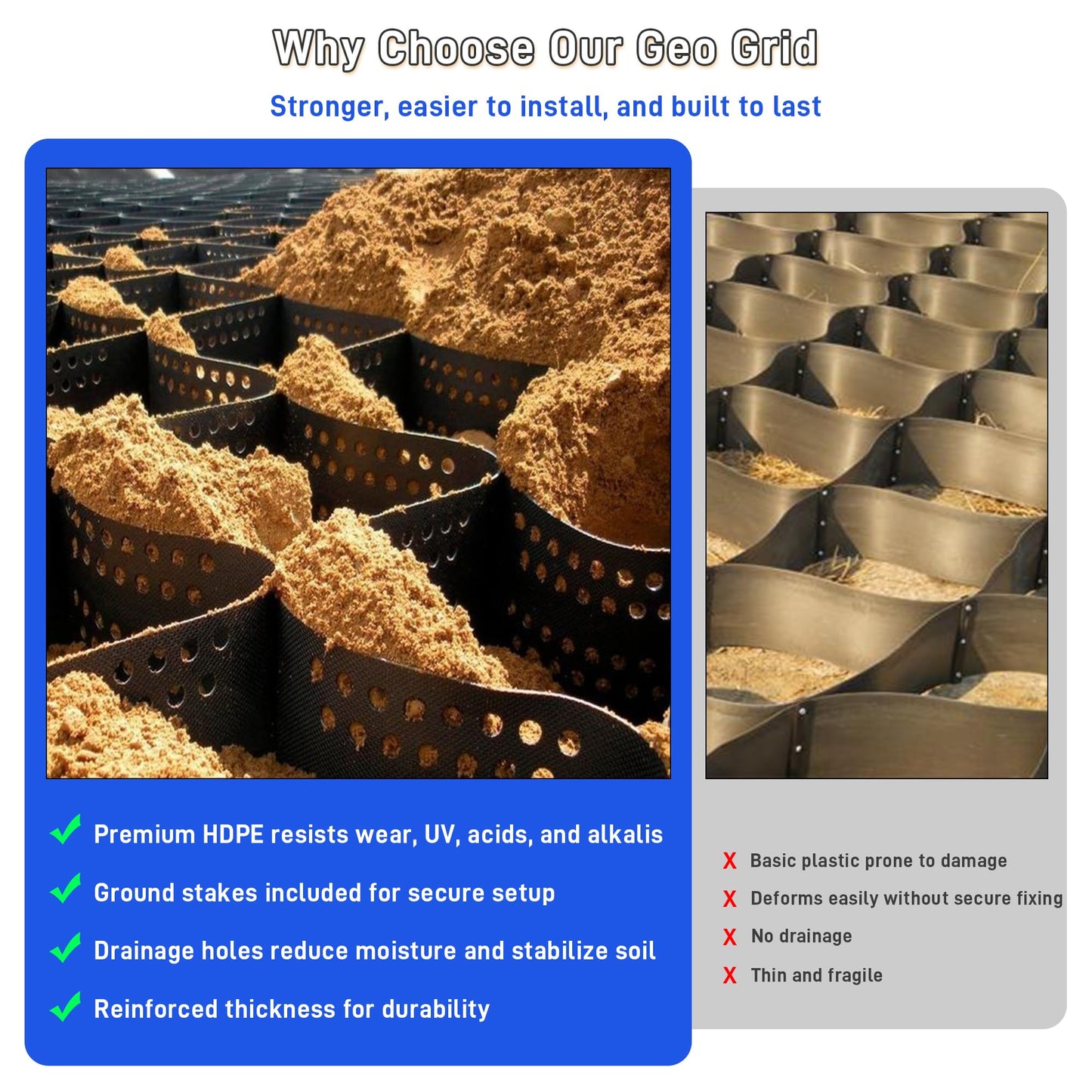 Geo Ground Grid 49.5x6.5 FT, 4" Depth Gravel Driveway Grid 1885 lbs per Sq Ft Load, Geogrid Gravel Retainer with Connectors and Stakes for DIY Patio Walkway Slope Grass Pathway Shed Base & Parking Lot