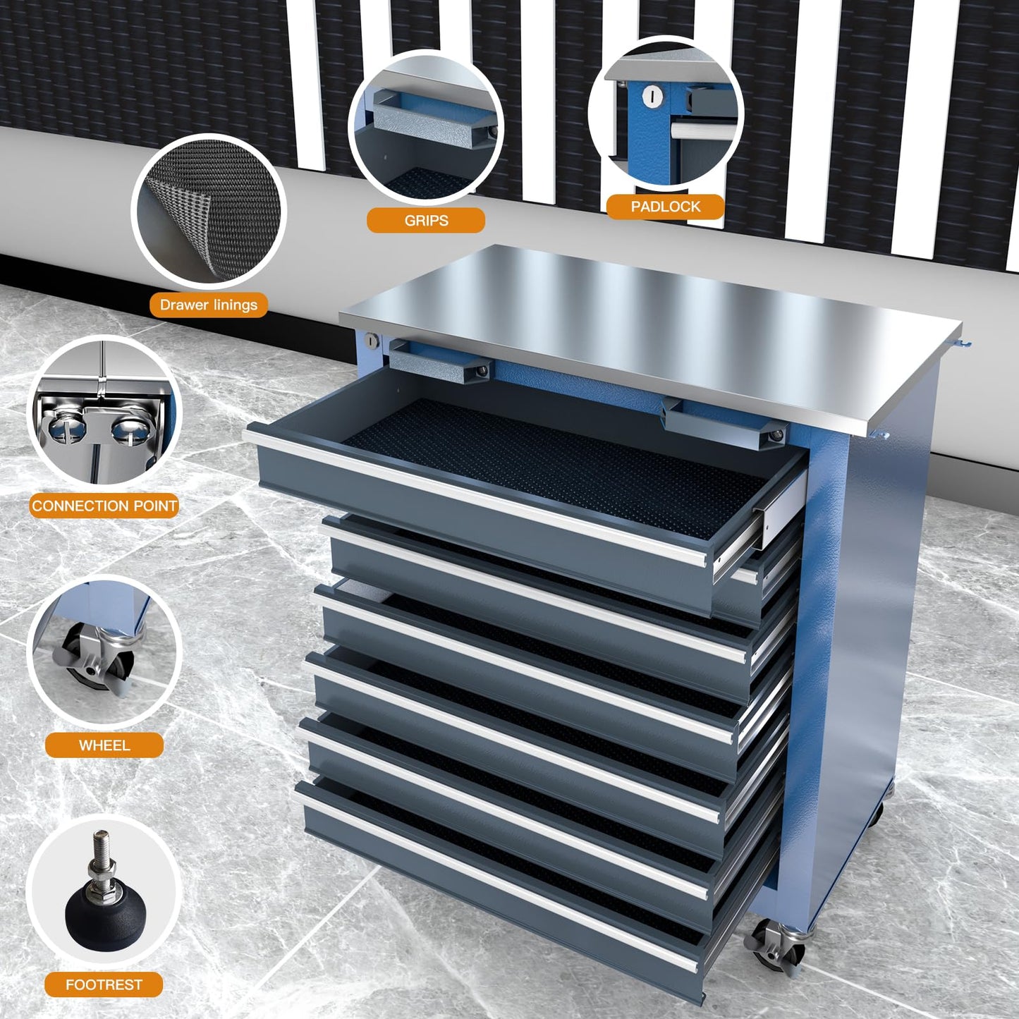 LARBANKE 3 Different Types Tool Chest Combination,Rolling Tool Chest with Stainless Countertop,Tool Cabinet with Connection Buckle,Wheels and Foot Pads,Portable Tool Box Inside