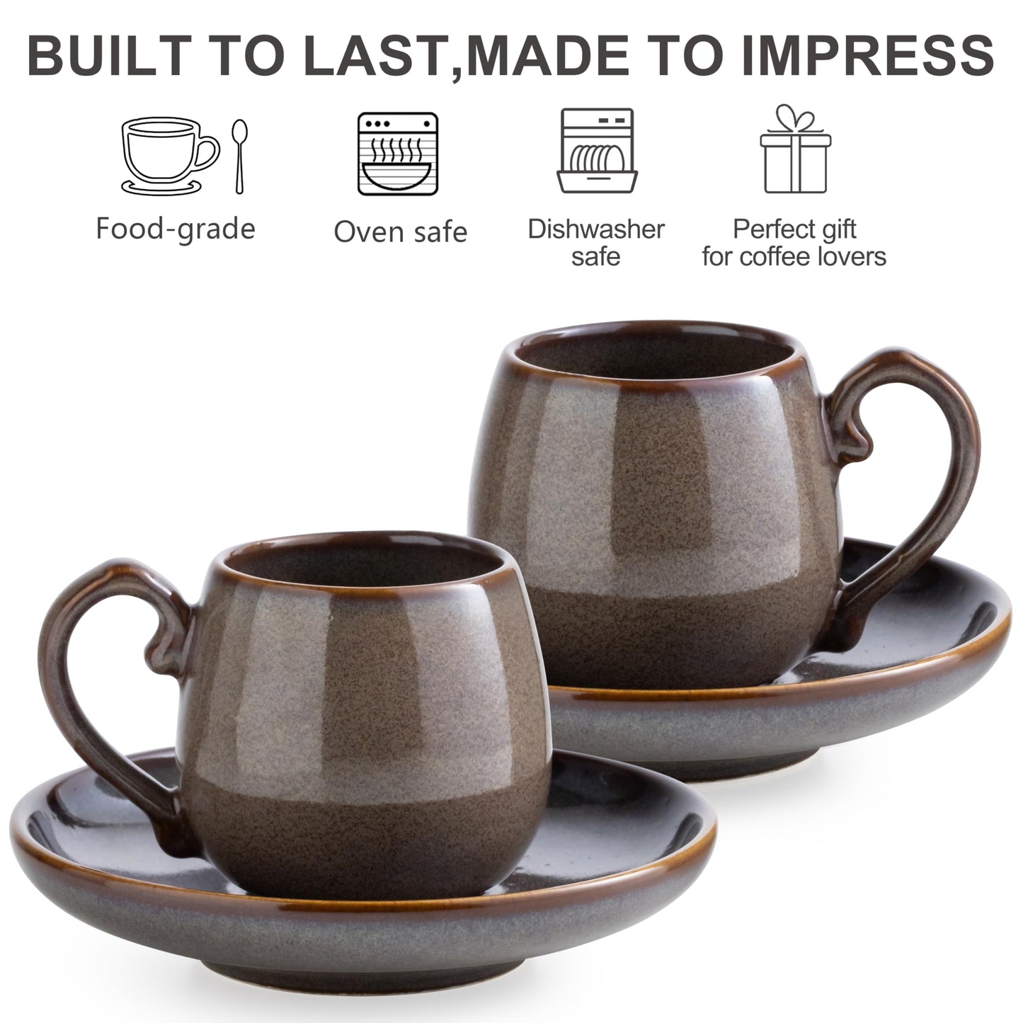 LYEOBOH 3 Ounce Espresso Cups and Saucers Set of 6, Ceramic Small Coffee Cups with Metal Holder and Spoons, Cute Demitasse Cups for Tea, Espresso, Latte, Cafe Mocha, Brown