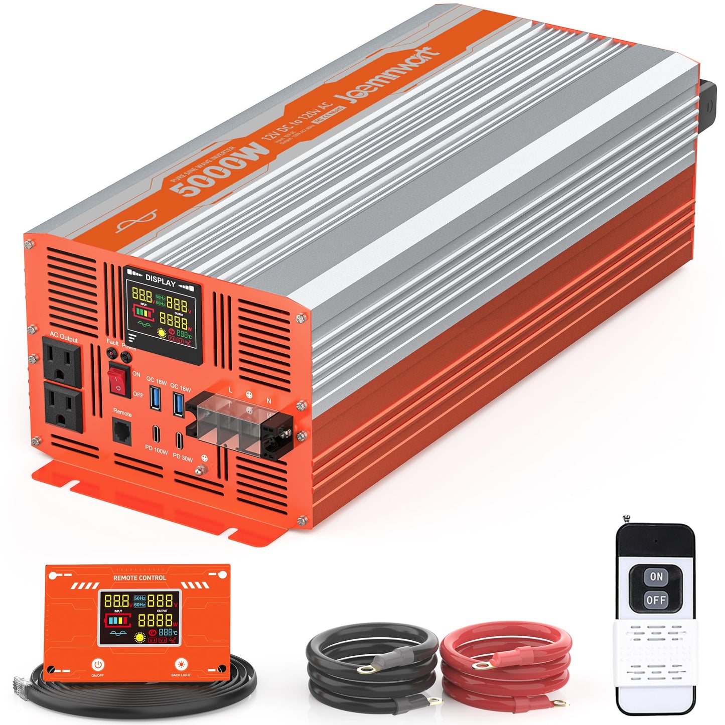 JOEMNWART 5000W Pure Sine Wave Inverter DC 12V to AC 120V Converter, Off-Grid Solar Power Inverters with Built-in 4 USB Ports, Hardwire Port, Remote Controller for Vehicles, Truck, RV, Home