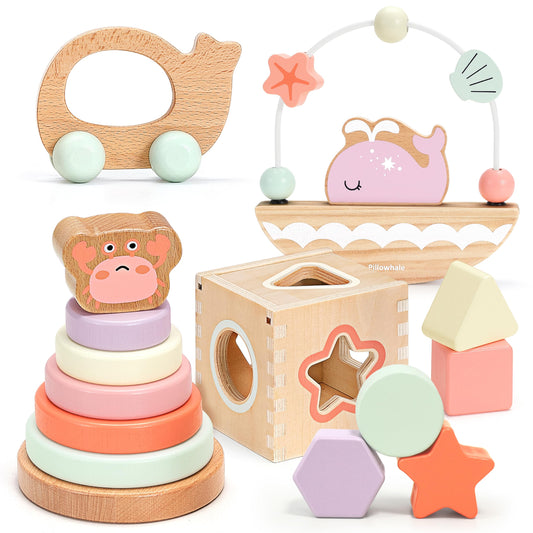 Pillowhale Montessori Wooden Toys Set for Toddlers 12M+ – 4-in-1 Educational Toy with Stacking Rings, Shape Sorter, Bead Maze & Push Car