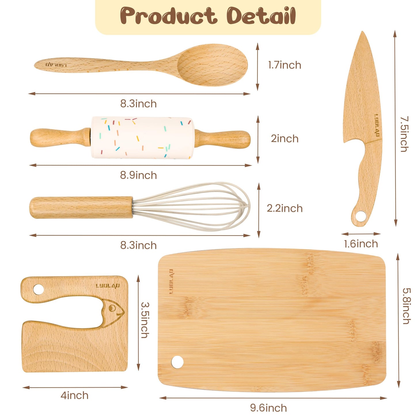LUOLAO Wooden Kids Safe Knife and Kids Baking Set for Real Cooking, 6 PCS Toddler Montessori Kitchen Tools, Cooking and Baking for Little Chefs