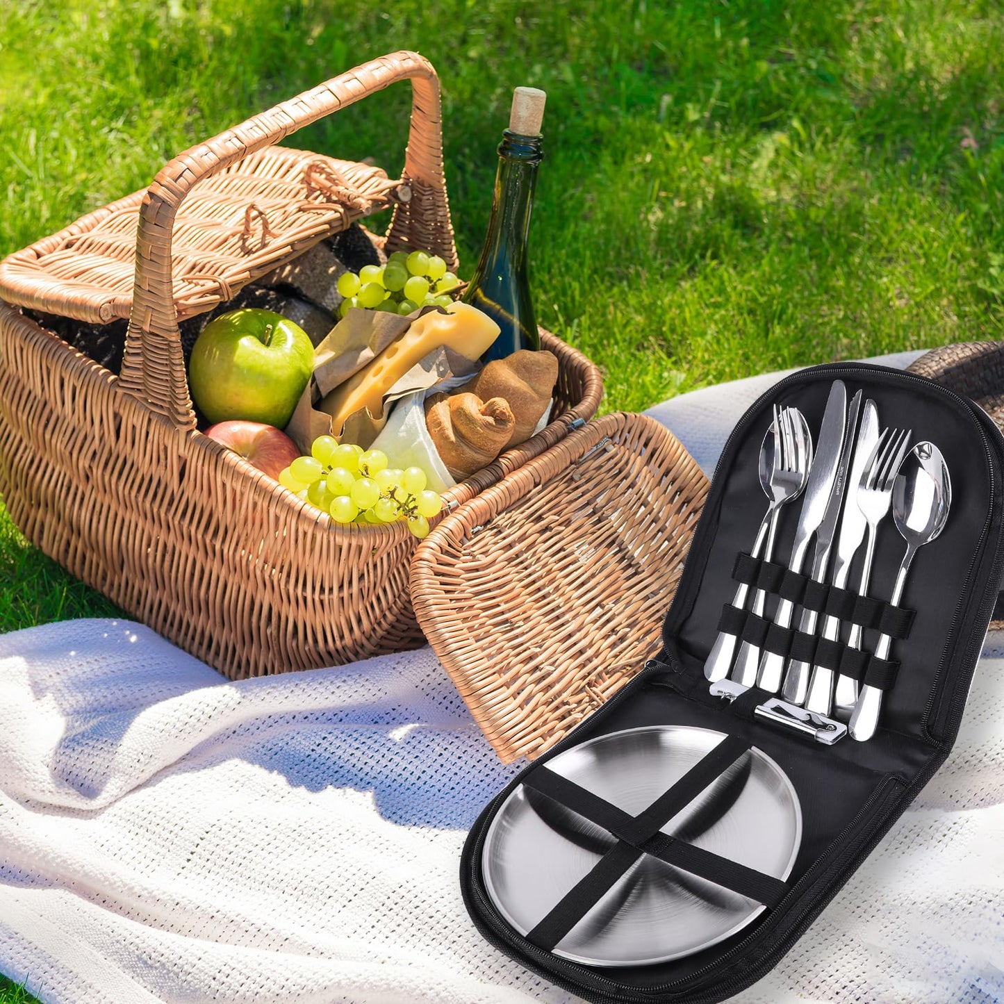 Outdoor Camping Silverware, 10Pcs Set Stainless Steel Outdoor Camping Mess Kits Includes Forks, Spoons, Knives, Fork Spoon Dish and Cap Opener, Plates - Portable Cutlery Bag (Stainless Steel)