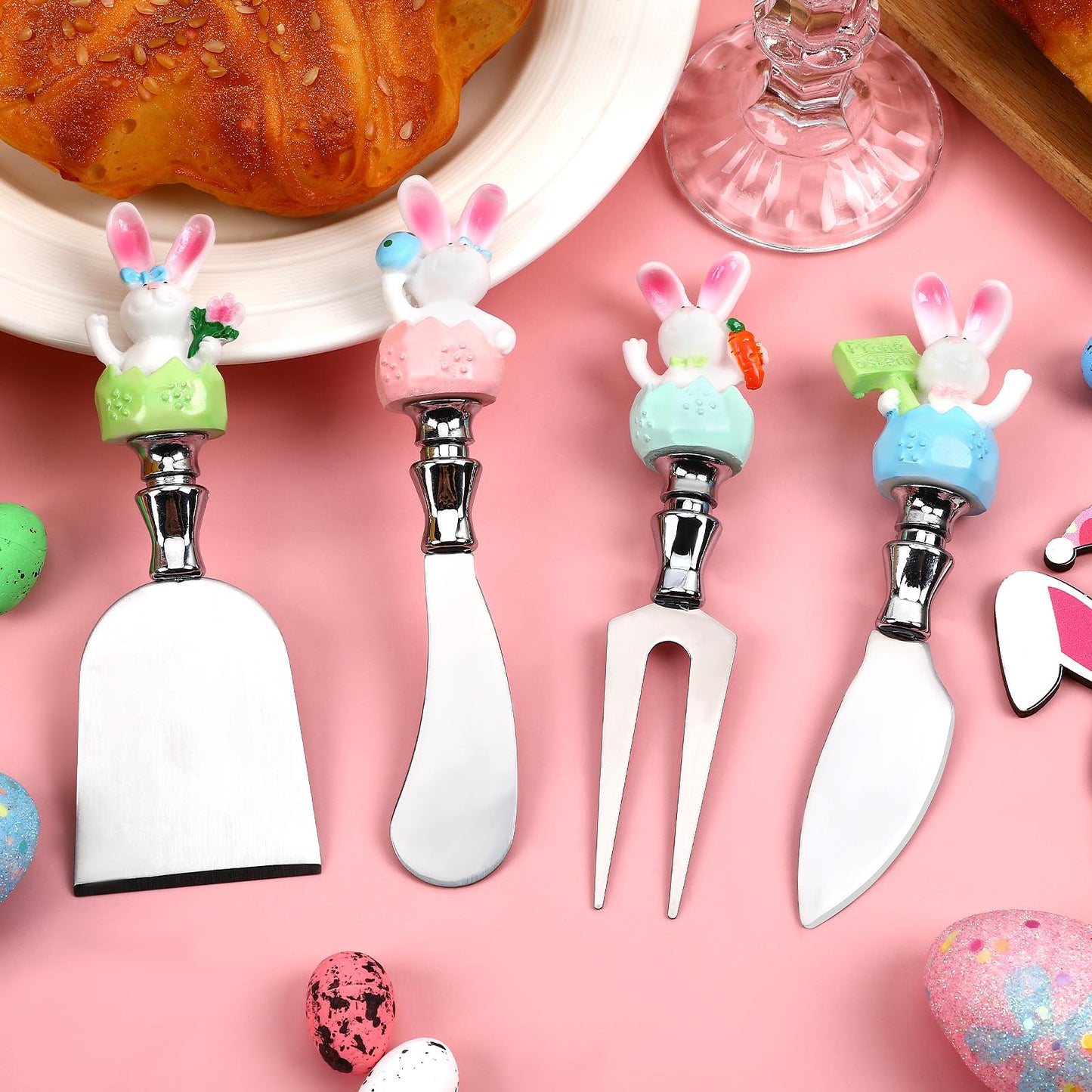 MOUNTCLIM 4 Pcs Easter Cheese Knives Set, Resin Handle with Stainless Steel Blade Spreader for Cheese Cream Jam Butter Charcuterie Board Tools