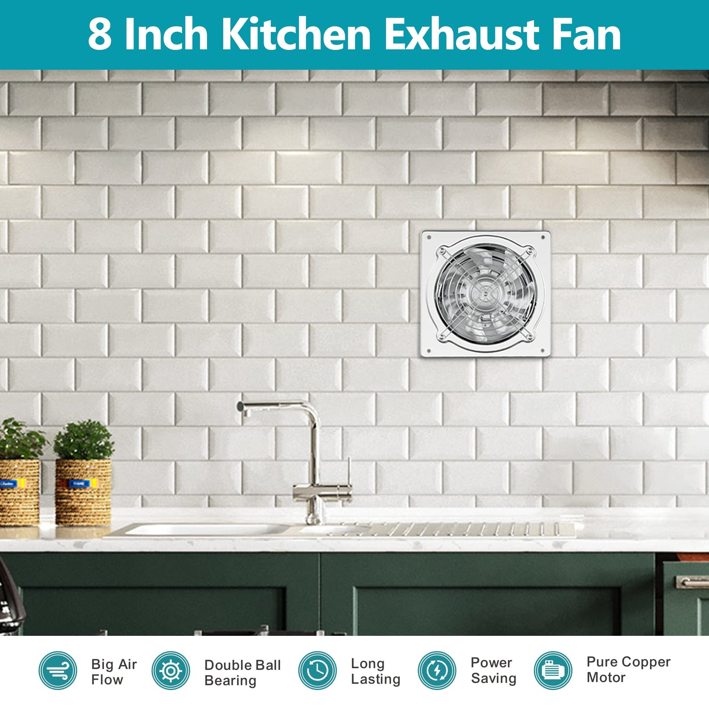HG Power 8 Inch Kitchen Exhaust Fan, 576CFM Metal Attic Exhaust Fan, Wall Mounted Garage Ventilation Fan, Basement Extractor Fans with Backdraft Damper for Home Office Commercial Use, Silver
