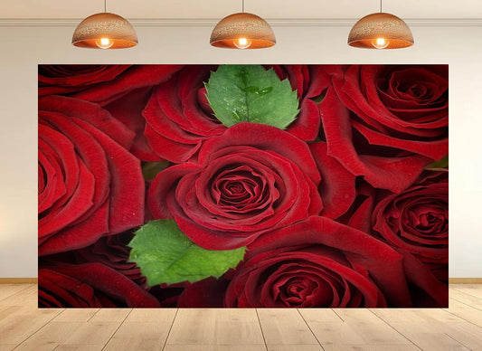 UPXIO 7x7ft Red Roses with Green Leaves Backdrop Romantic Floral Bouquet Photo Background Tapestry for Valentine's Day