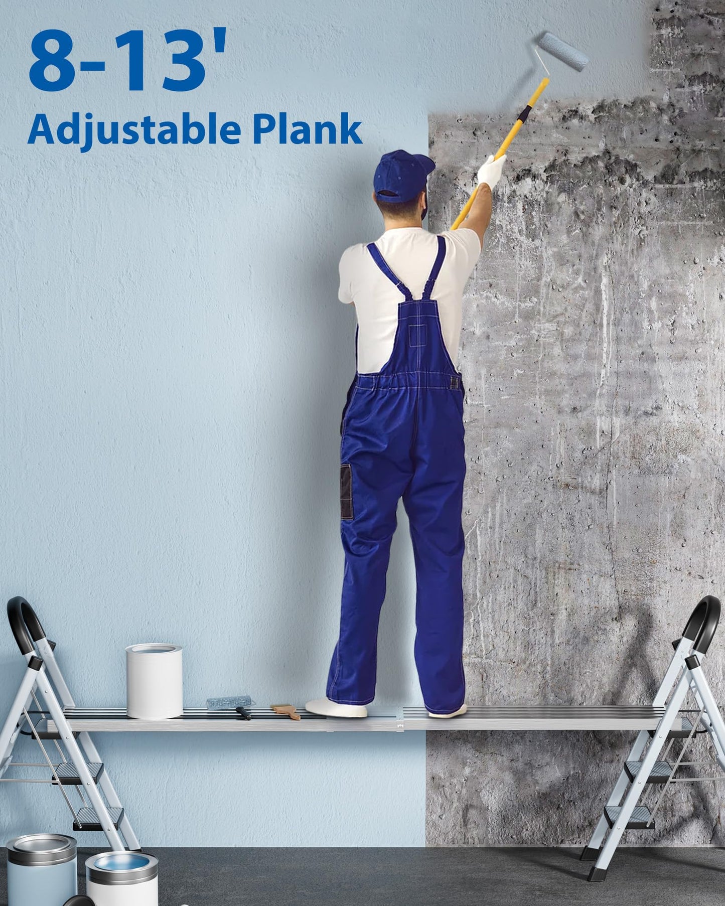 8-13Ft Telescoping Work Plank, Aluminum Adjustable Scaffold Platform with Skid-Proof Surface, Ladder Accessory, 440 Lbs Capacity, Extension Plank for Safe Work