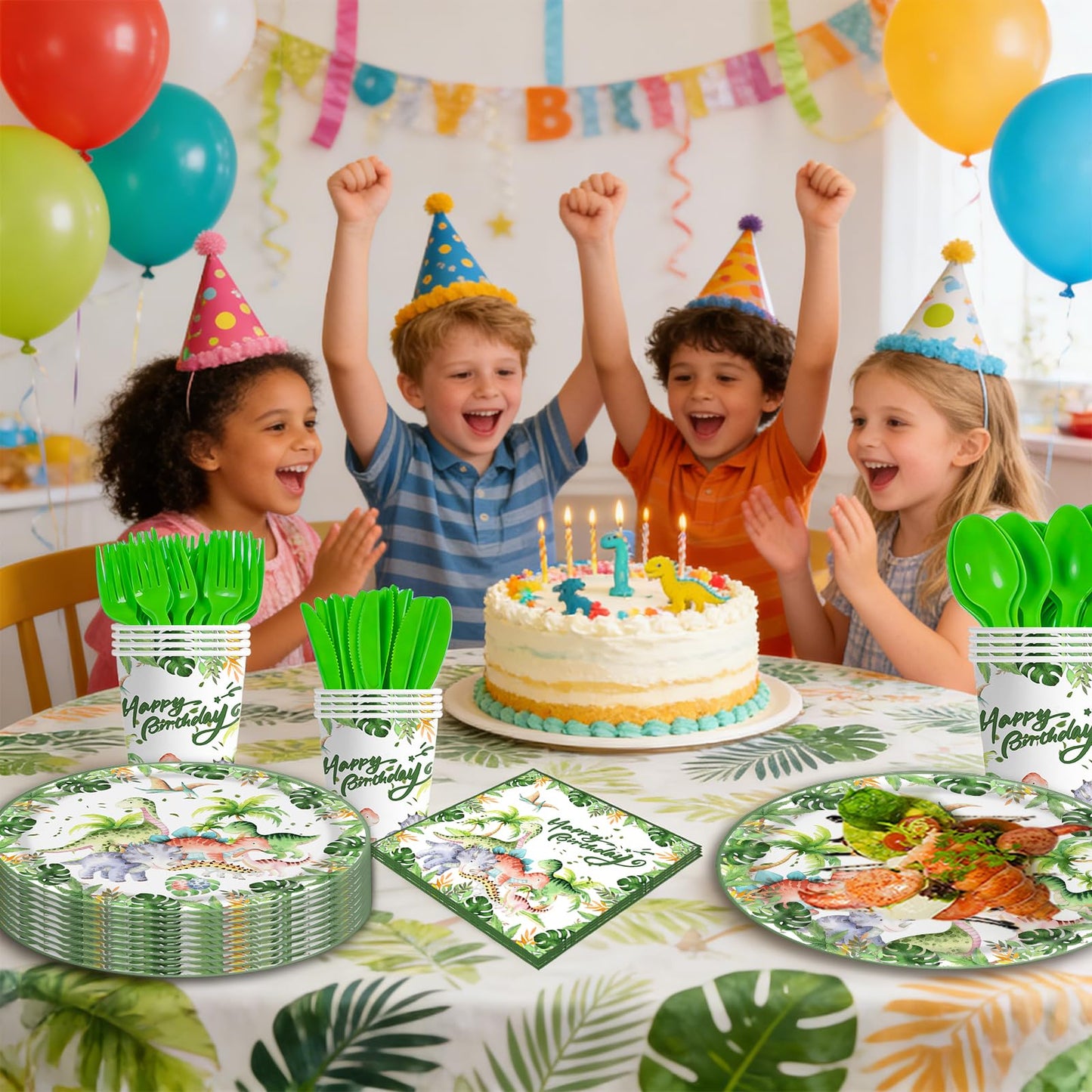 140Pcs Dinosaur Paper Plates and Napkins Set Dinosaur Party Supplies Wild Baby Shower Boys Birthday Decorations, Includes Dessert Plates Napkins Cups Forks Knives and Spoon for 20 Guests
