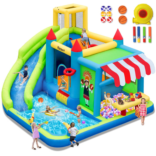 FBSPORT Inflatable Bounce House Water Slide, Bounce House for Kids with Toy Market Stand Splash Pool Bouncer Climbing Wall Water Gun Ball Dart, Bouncy Castle W/620W Blower for Outdoor Indoor, Green