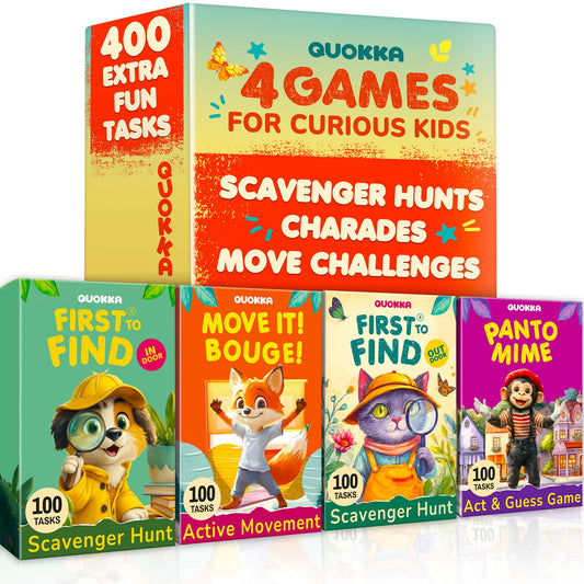 QUOKKA Kids Card Game Set Ages 4+ – 4 Games in 1 Box, 400 Creative Tasks, Scavenger Hunt for Kids, Charades & Animal-Themed Active Movement Indoor and Outdoor Games