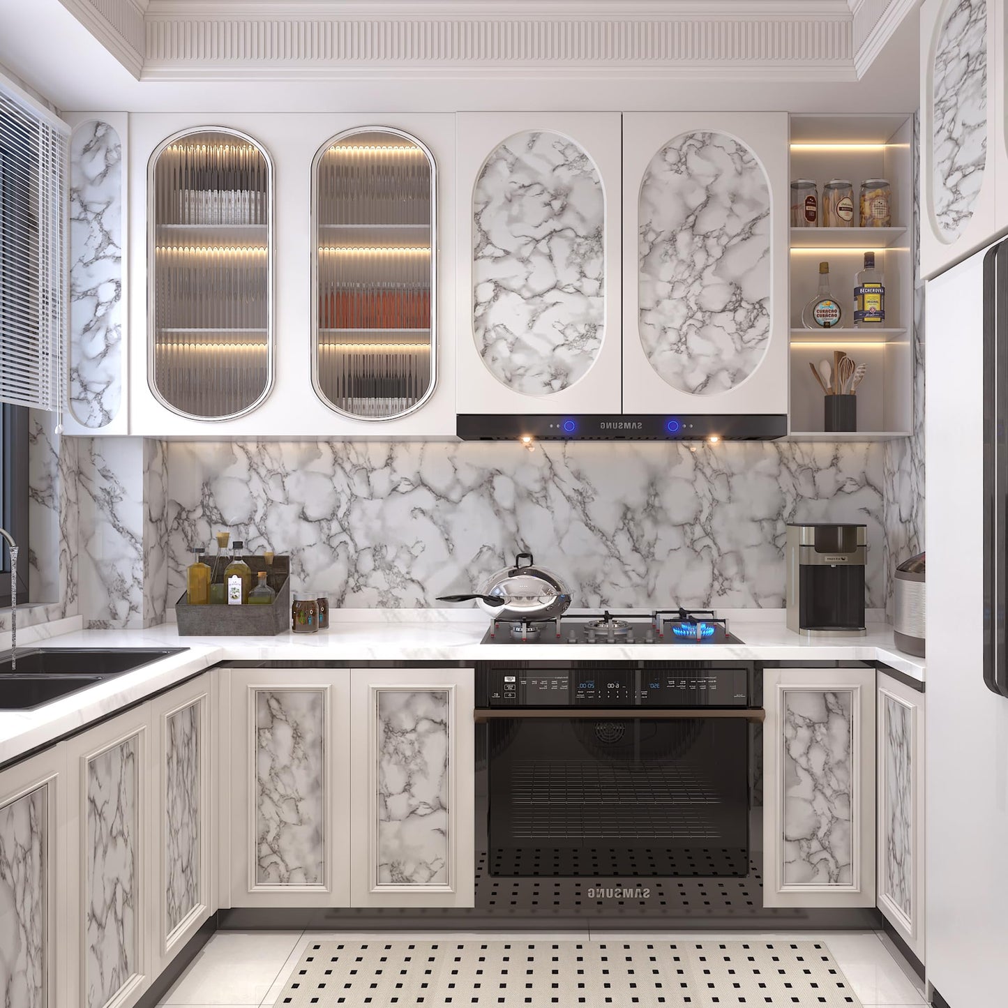 JSEVEM 16"×118" Grey White Marble Wallpaper Peel and Stick Waterproof Gray Marble Contact Paper Vinyl Wrap Glossy Textured Self Adhesive Granite DIY Tile Sticker for Kitchen Cabinets Table Countertops