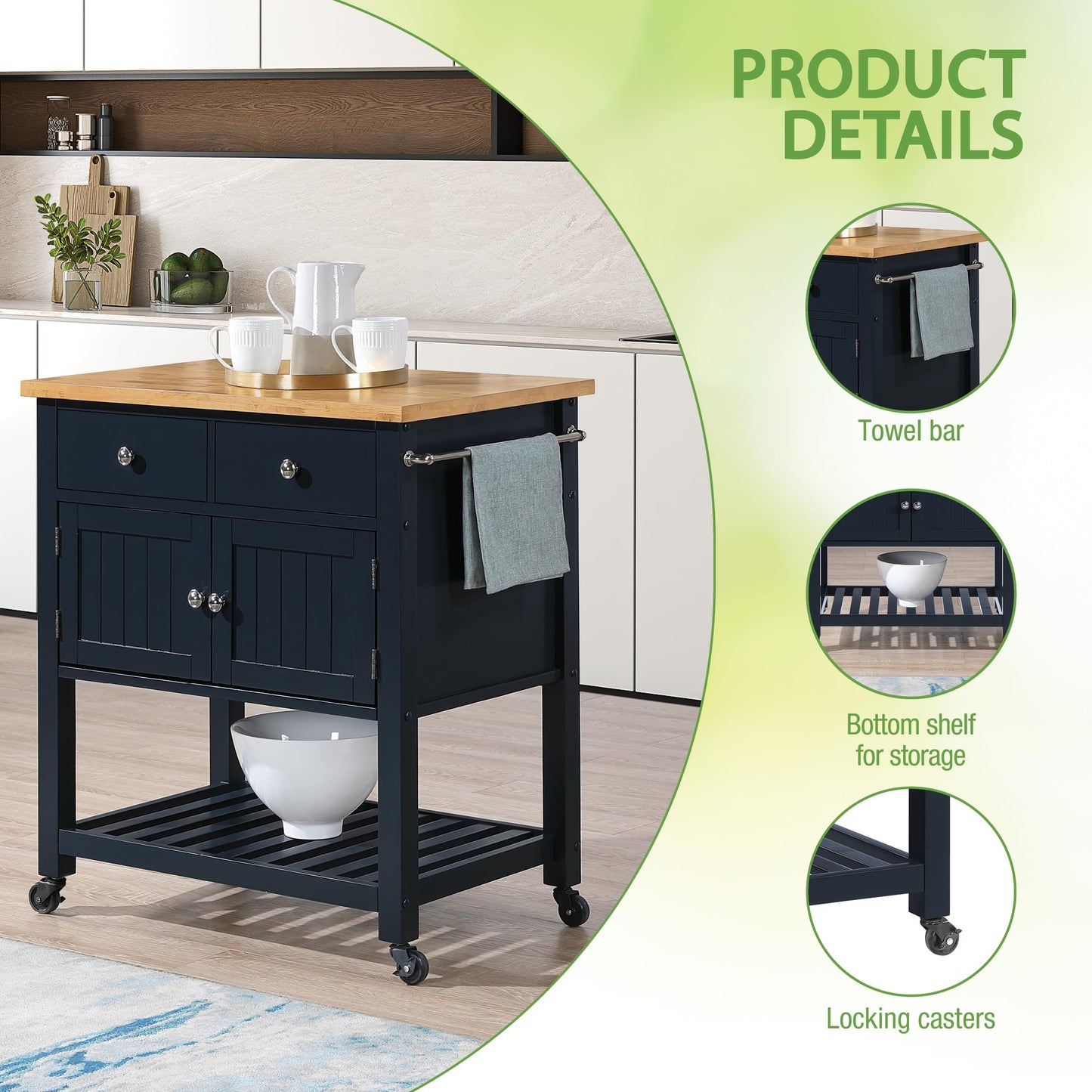OSP Home Furnishings Stirling Farmhouse Kitchen Cart, Rolling Storage Cabinet with Drawers, Shelf, 5 Utility Hooks, Dark Blue with Natural Wood Top