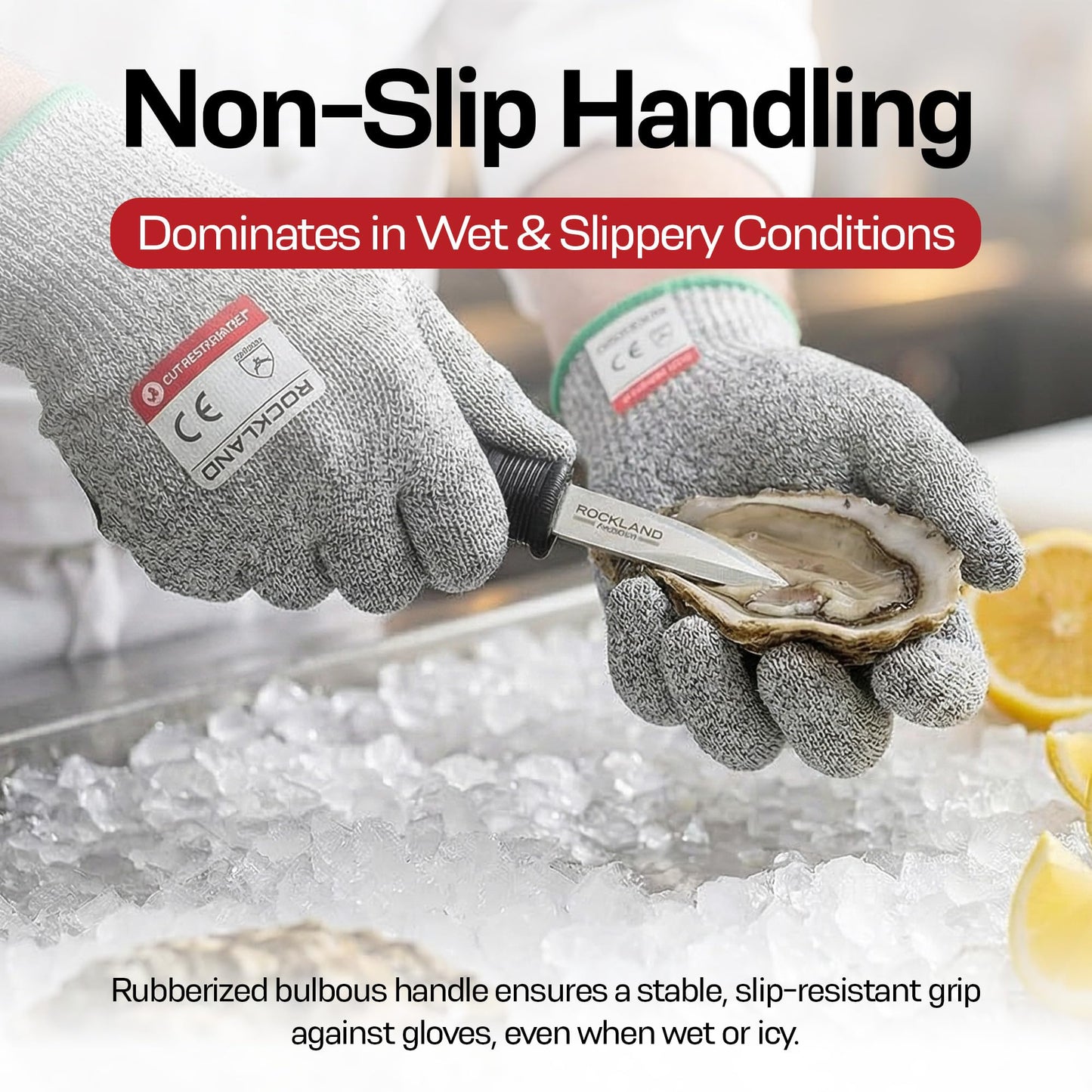 Rockland Guard Professional Oyster Shucking Kit - 3.5” Heavy Duty Stainless Steel Oyster Shucking Knife and Level 5 Cut Resistant Gloves, Clam Opener Shucker and Seafood Tool Gift Set, Extra Large