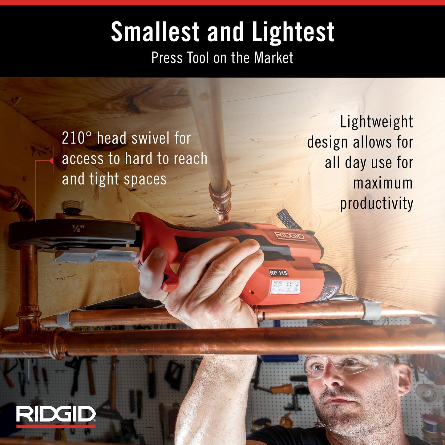 RIDGID 72558 Model RP 115 Mini Press Tool and Battery Kit with 1/2" to 3/4" ProPress and PureFlow Press Tool Jaws, 2V Li/Ion Battery, 12V Charger, and Carrying Case