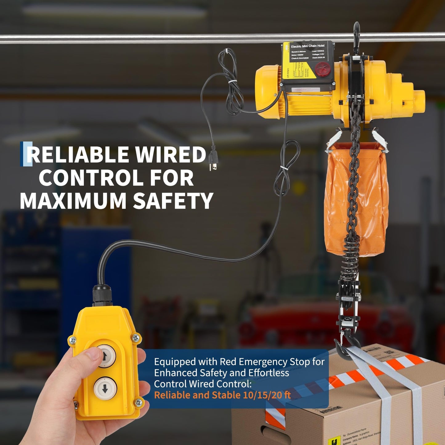 1100 lbs Electric Chain Hoist 15 FT Lifting Height, 120V Electric Hoist, Single Phase Overhead Crane with G100 Chain, 10 ft Wired Remote Control for Garage, Shop, Hotel, Home