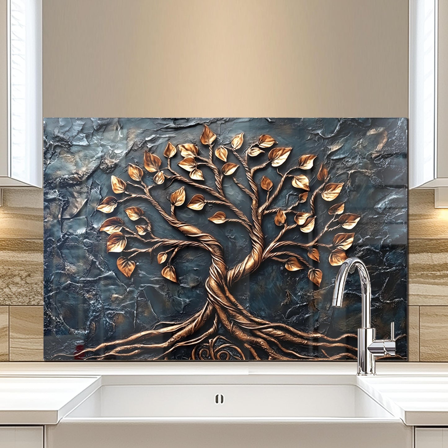 fzxwyishu Tempered Glass Backsplash for Kitchen,Stove Splashback Protector Tree of Life Design | Heat-Resistant Splash Board, Kitchen Wall Decoration (grey, 30"x16"(76.2x40.64cm))