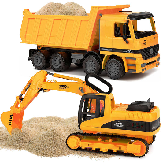 Toy To Enjoy Construction Toys - Excavator & Dump Truck Toy for Kids (Set of 2) – Moveable Claw & Lifting Back – Garbage Truck & Bulldozer Digger – Construction Vehicles for Boys & Kids