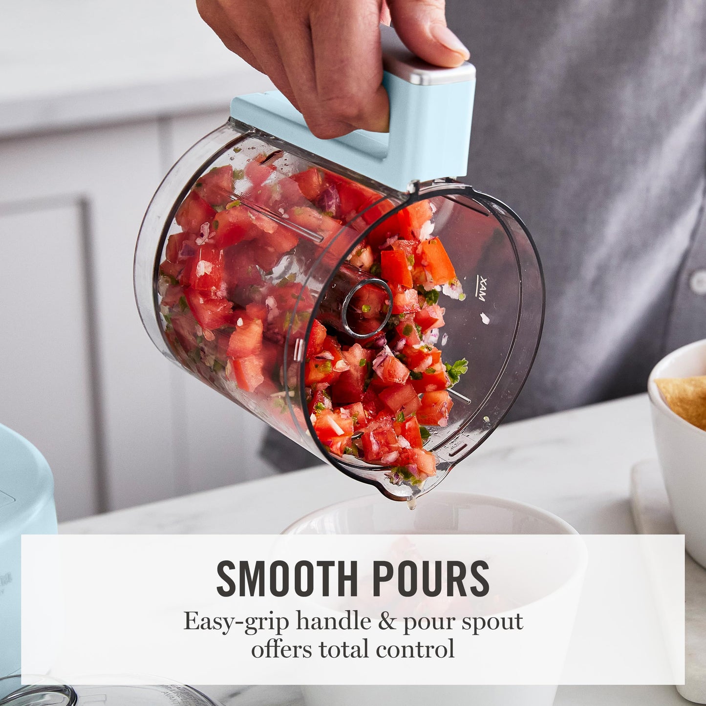 Martha Stewart 3 Cup Food Processor, Electric Vegetable Chopper, Stainless Steel Blades, 24oz BPA-Free Bowl, Pour Spout, Dicing, Mincing, Chop & Puree, Dishwasher Safe, Oil Chute, Easy-Clean, Sky Blue