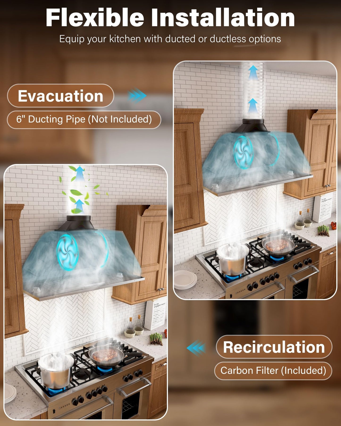 FlyPine 30 inch Stainless Steel Insert Range Hood - 900 CFM, Ultra-Quiet 4-Speed Vent, Button Control, LED Lights, Ducted/Ductless Convertible