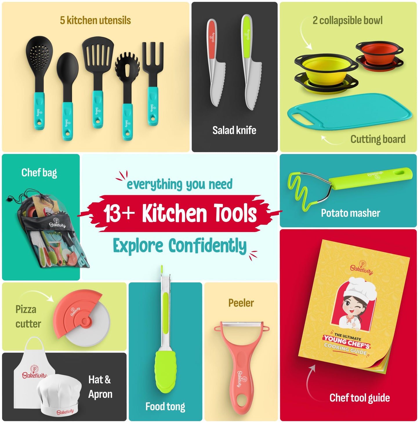 Baketivity Kids Cooking Set Real Utensils With Kitchen Tool Guide - Complete Junior Cooking Set Gift For Girls Or Boys With Mixing Bowls, Cutting Board, Knife, Apron - Kids Baking Set For Real Cooking