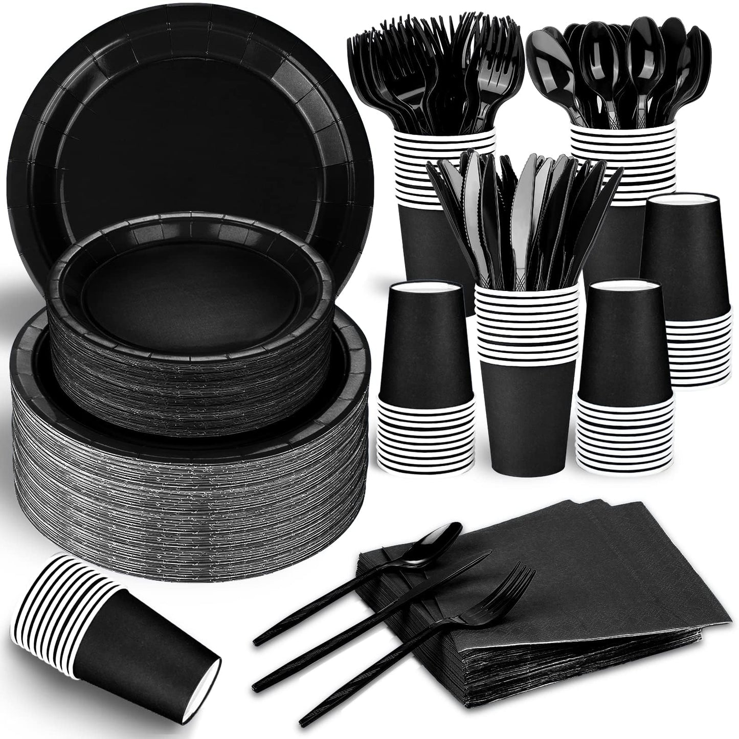 TWOWYHI 228PCS Black Party Supplies Set Include Paper Plates Cups Black Napkins Plastic Spoons Forks Knives for 30 Guests Disposable Party Dinnerware for Birthday Wedding Family Picnic