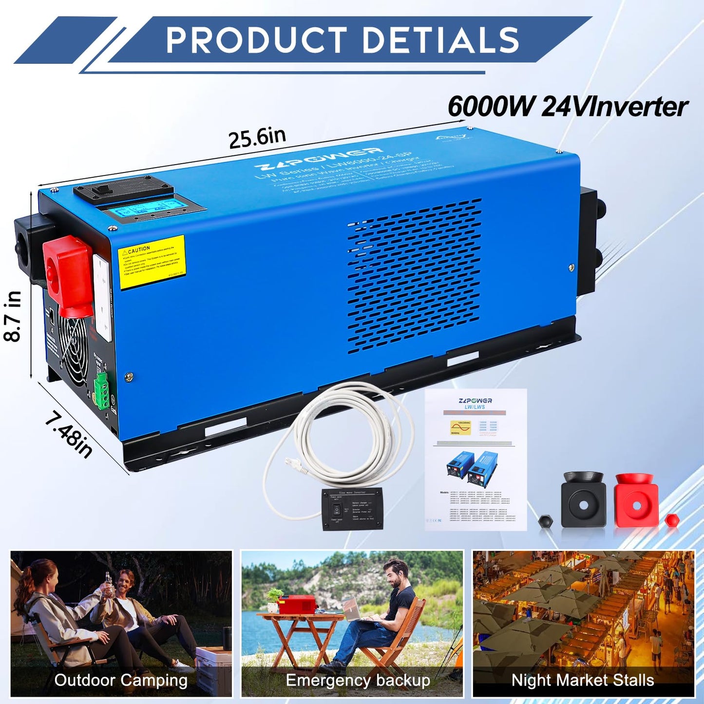ZLPOWER 6000W 24V DC Pure Sine Wave Inverter, 18000W Peak, 240 AC Input,120V/240V AC Split Phase Output with Battery Charger, LCD Display, Off-Grid Low Frequency Inverter for Home RV Camping (6000W)