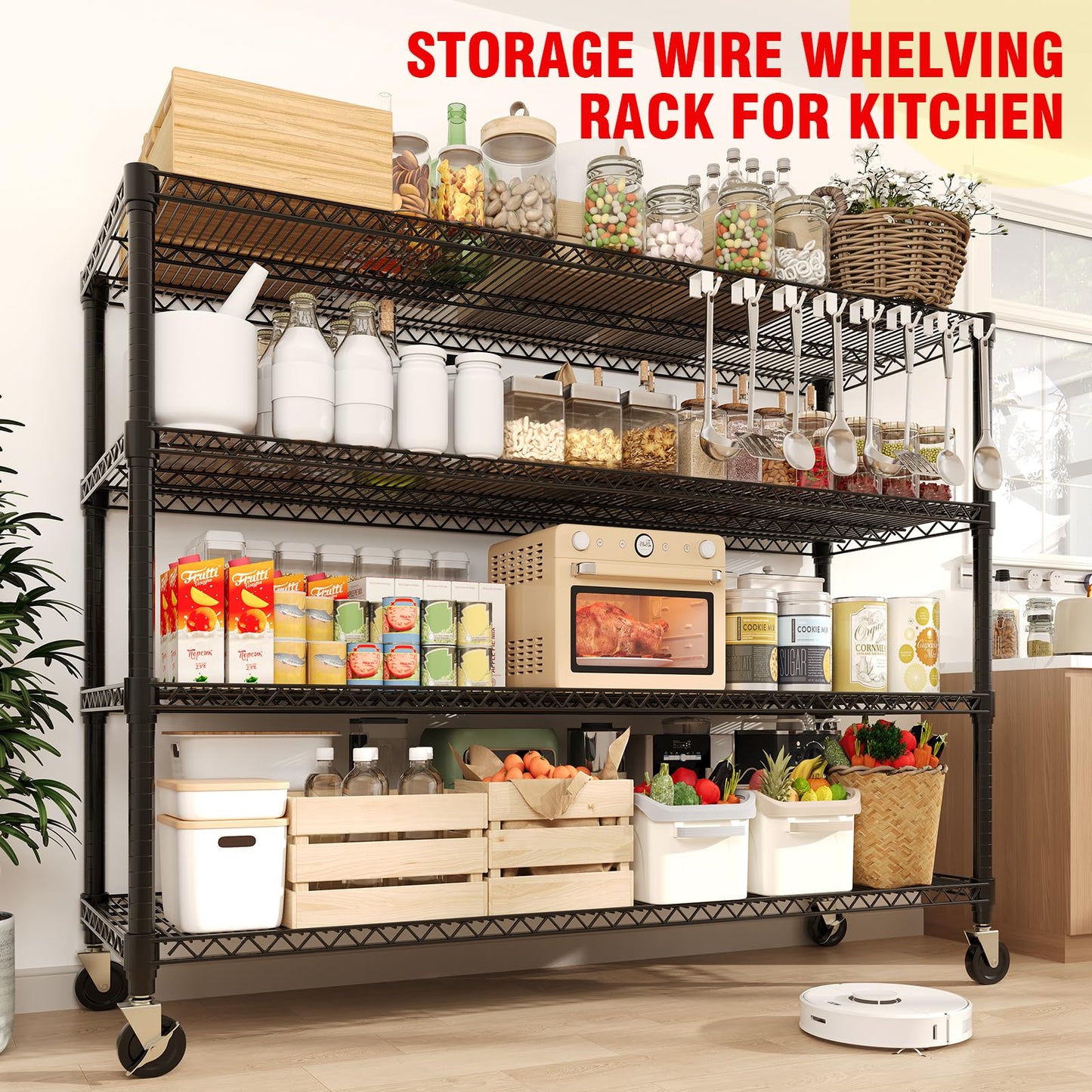 PeacefulHues 71.8" H Storage Shelves 4-Tiers Heavy Duty Metal Shelving Unit with Wheels, 2640LBS Garage Shelving for Pantry Garage Kitchen Home Outdoor, 71.8" H x 59" W x 17.7" D