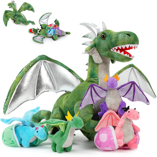 MorisMos 7PCS Green Dragon Stuffed Animal Set, 21 inch Big Mommy Stuffed Dragon Plush Toy with 4 Baby Dragons and 2 Eggs Inside, Stuffed Dinosaur Toy Gift for Kids, Boys Christmas, Birthday