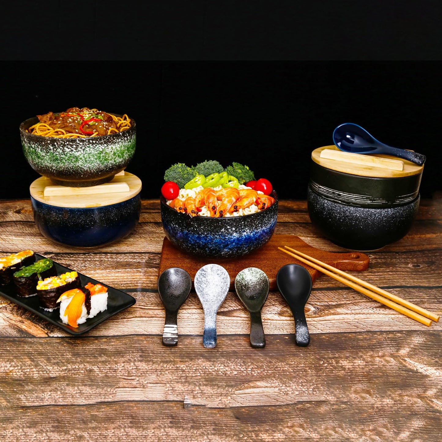 Japanese Ceramic Ramen Bowls Set with Ceramic Spoon, Chopsticks，Lid，38 Ounces Large Capacity Rice Noodle Ramen Bowl for Pho Soup Pasta Salad，Microwavable Oven Safety (Blue)