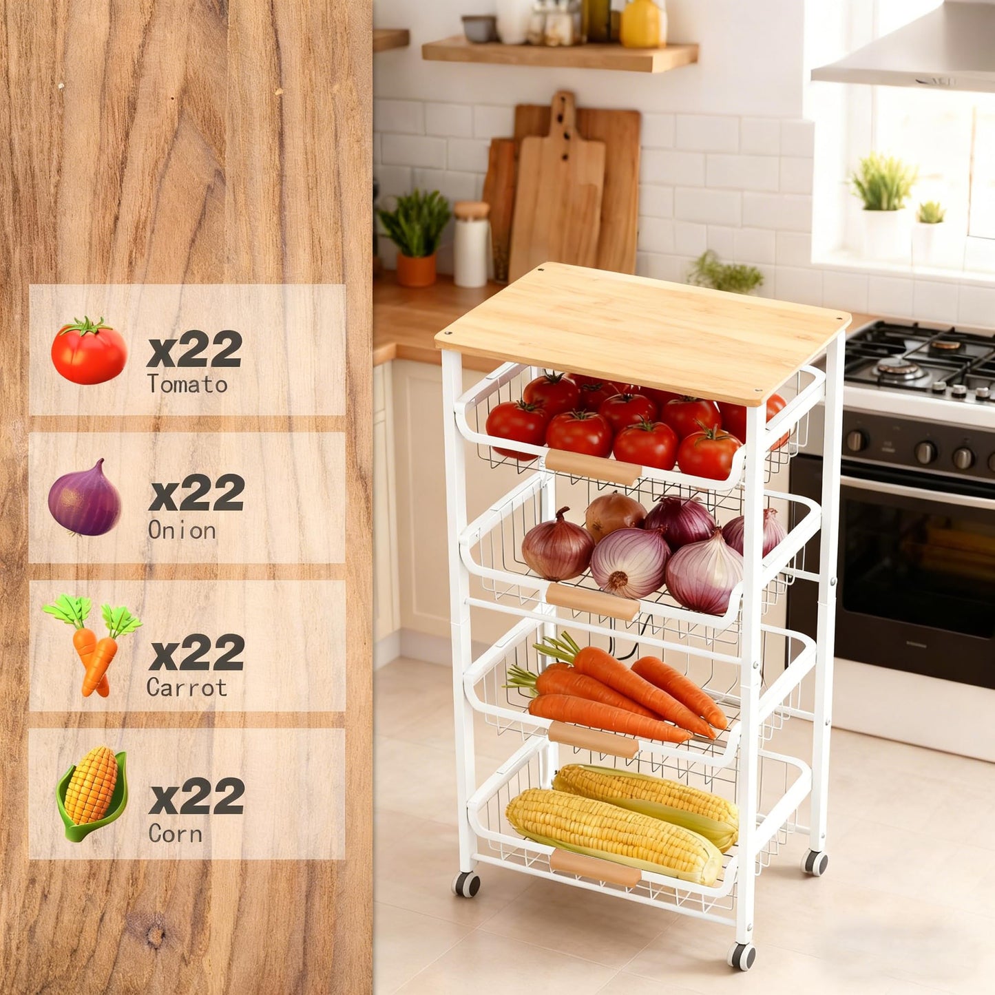 ULIKEUS 5-Tier Rolling Pantry Floor Storage Cart with Wheels&Wood Top, Large Capacity Kitchen Organization Fruit Wire Basket Stand for Pantry, Bathroom, Living Room,White