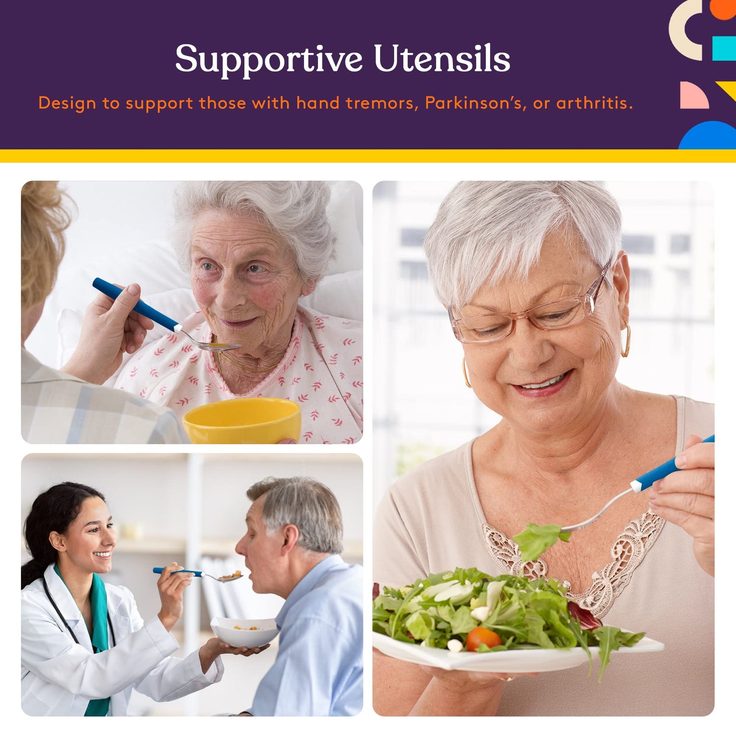 Special Supplies Adaptive Utensils 5-Piece Set Non-Weighted, Non-Slip Handles for Hand Tremors, Arthritis, Parkinson’s or Elderly Use - Stainless Steel Knife, Rocker Knife, Fork, Spoons - Blue