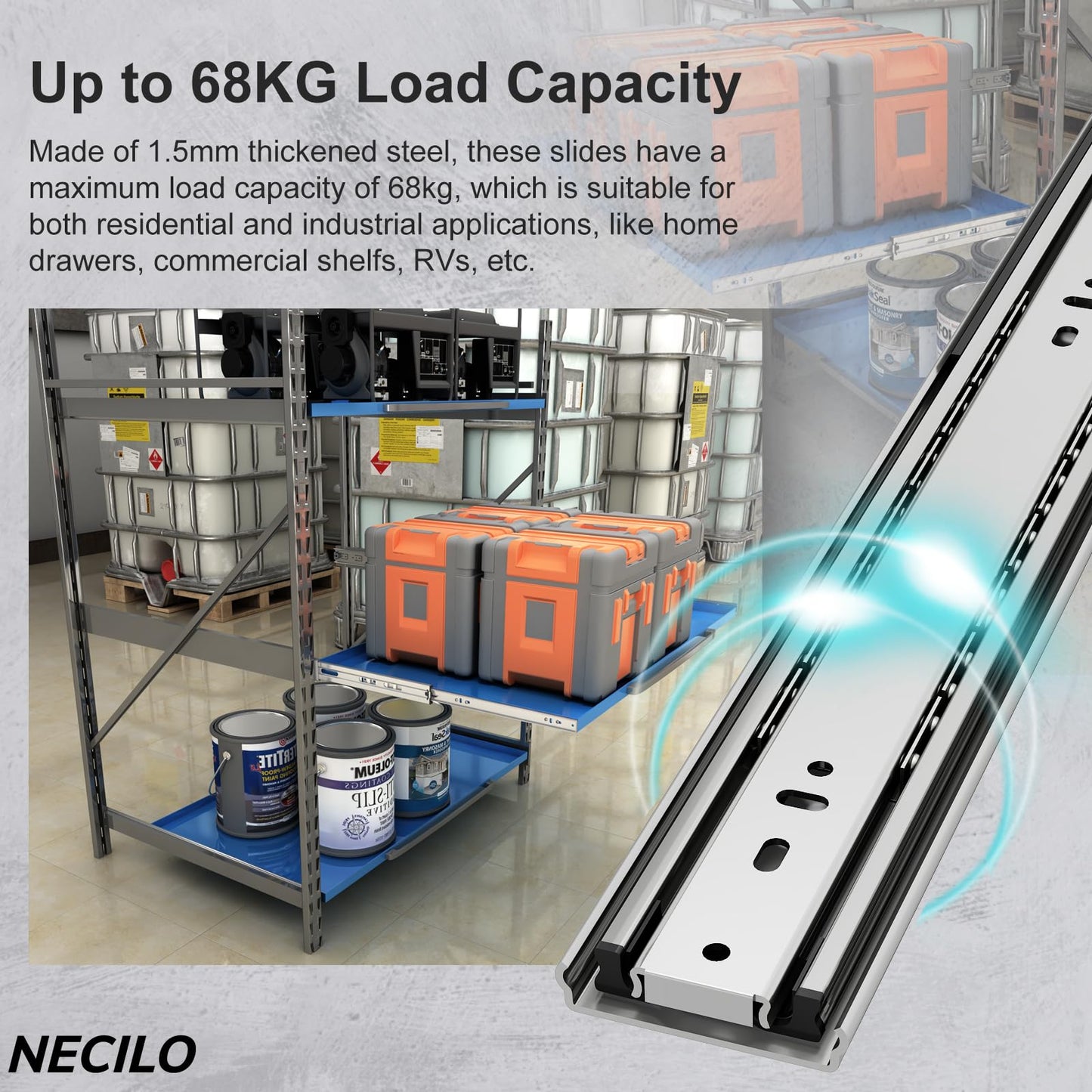 NECILO Heavy Duty Drawer Slides Without Lock, 150lb Capacity Full Extension Ball Bearing, 20 22 24 26 28 30 32 34 36 38 40 Inch Side Mount Metal Rails Track Guide, 1 Pair (Without Lock, 34 inch)