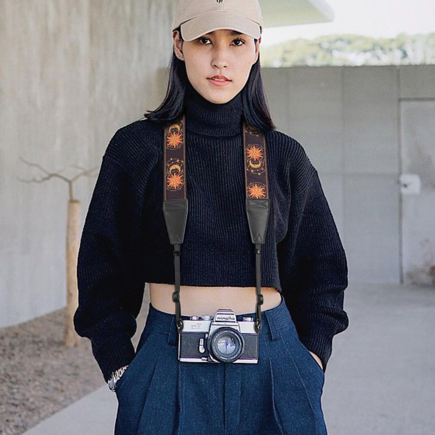 Padwa Lifestyle Helios Moon God Camera Strap -2" Full Grain Leather Ends Camera Straps for Photographers, Vintage Embroidered Cotton Weave Soft Suede Fabric Padded Strap Quick Release fits All Cameras
